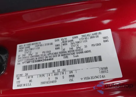 2021 Ford F-150 Xlt из США, поврежденный, VIN 1FTMF1E50MKD94460